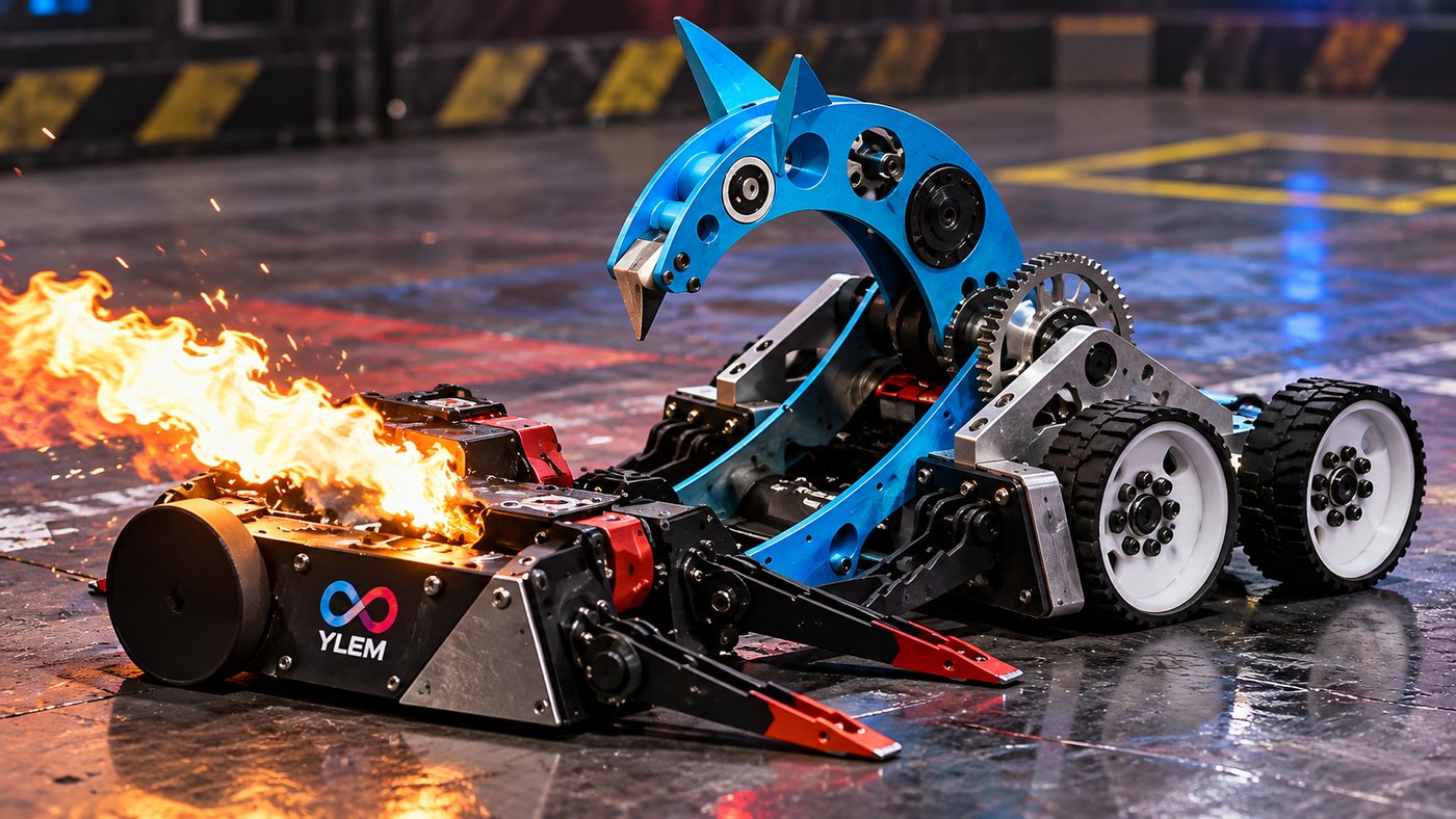 Robots de combate de Ylem enfrentándose en una arena