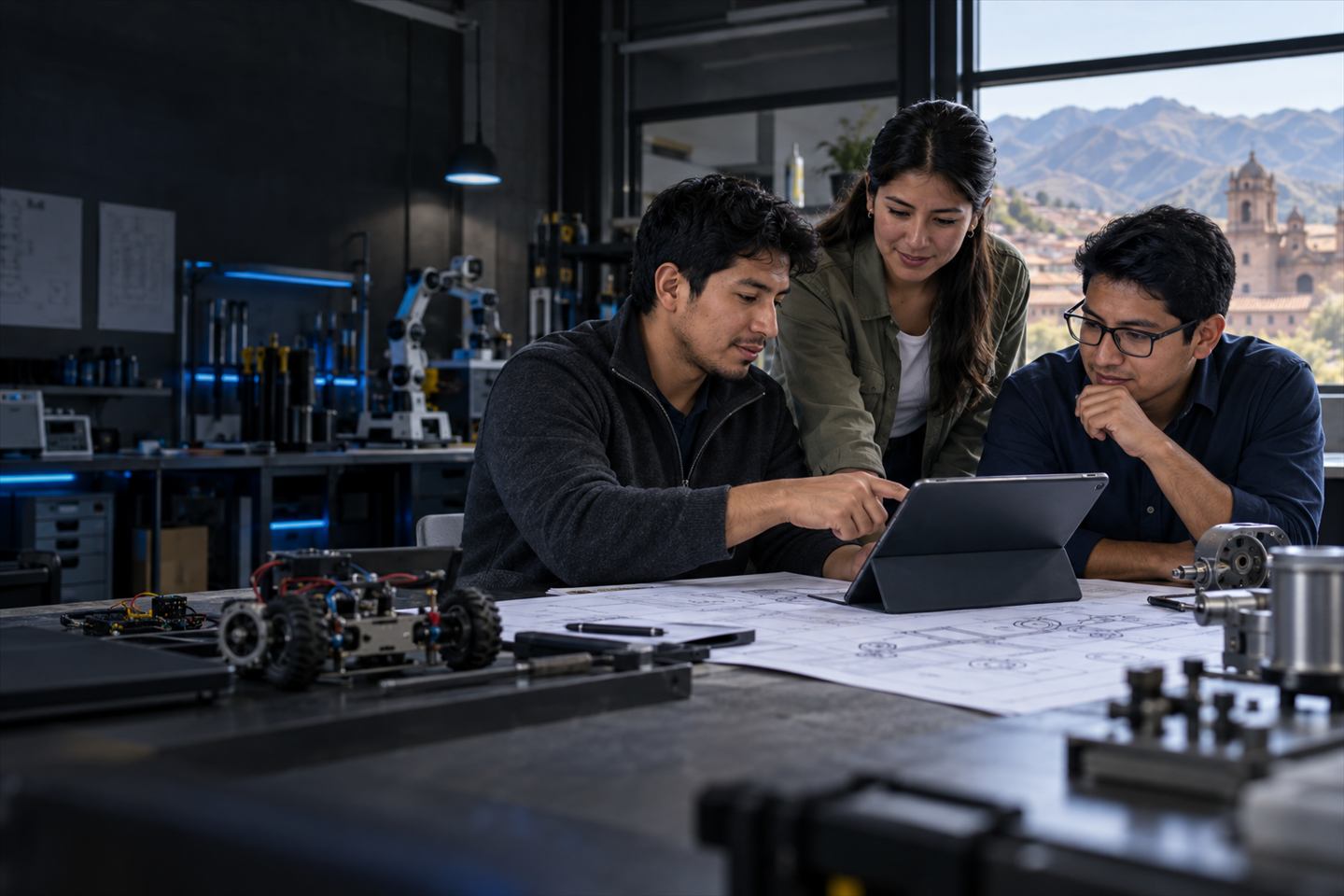 Equipo de ingeniería revisando un proyecto tecnológico en un taller