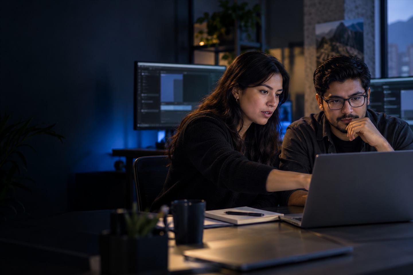 Desarrolladores colaborando en una solución de software