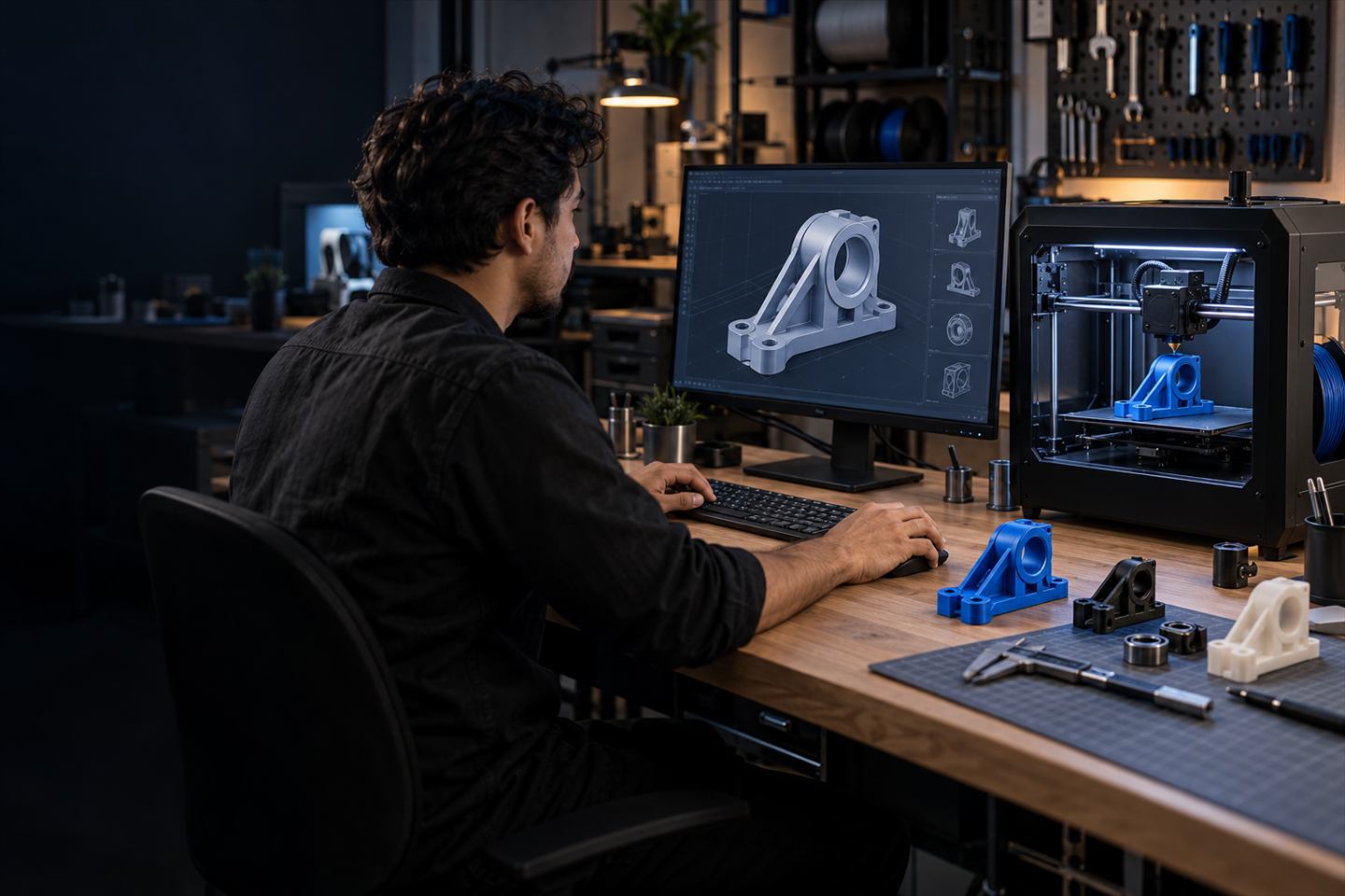Diseñador revisando una pieza 3D en pantalla junto a una impresora y prototipos terminados