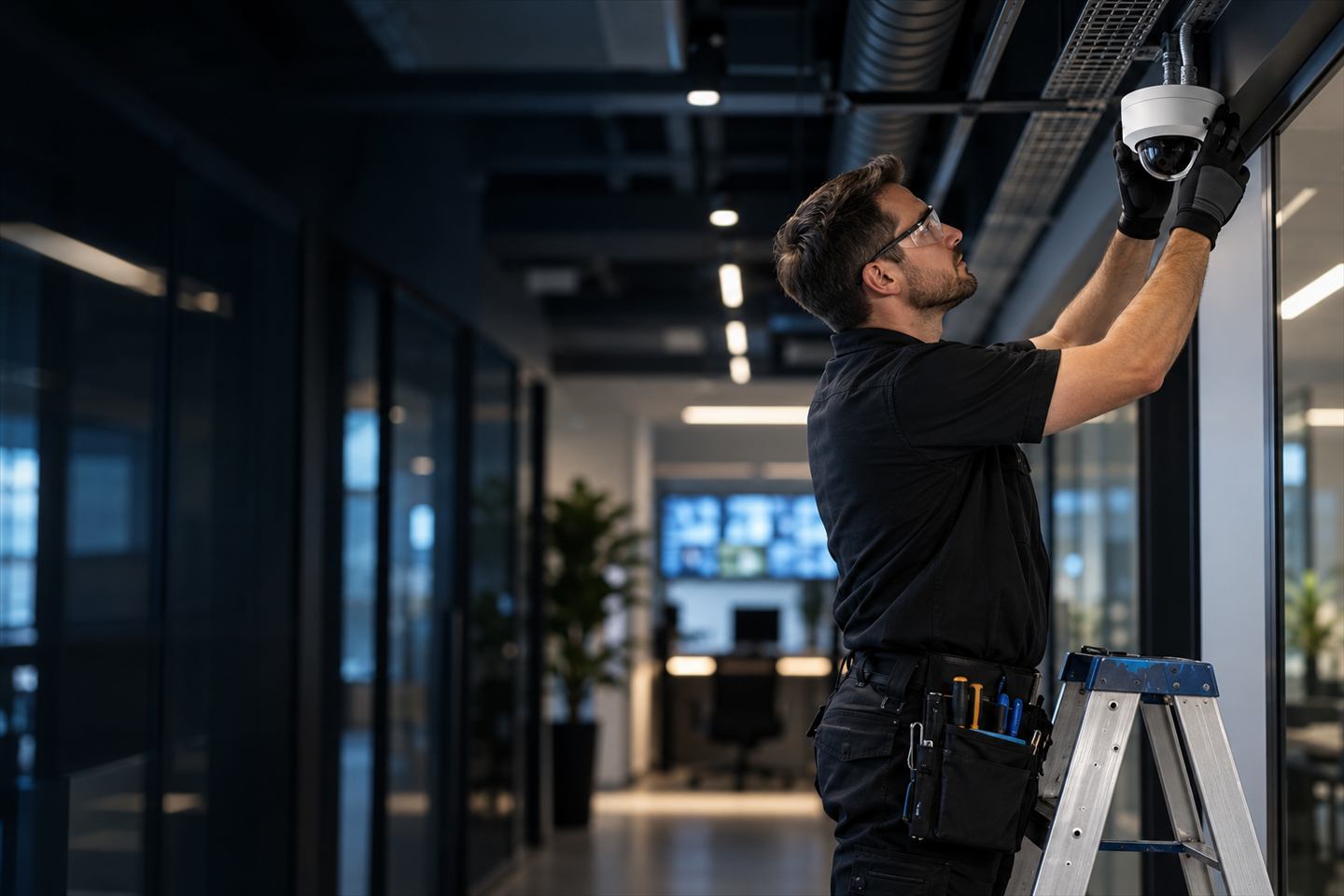 Técnico instalando una cámara de seguridad en un espacio comercial