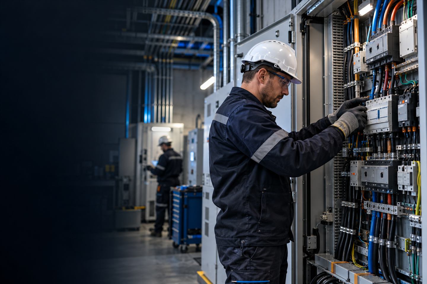 Técnico revisando un tablero de distribución eléctrica en una instalación