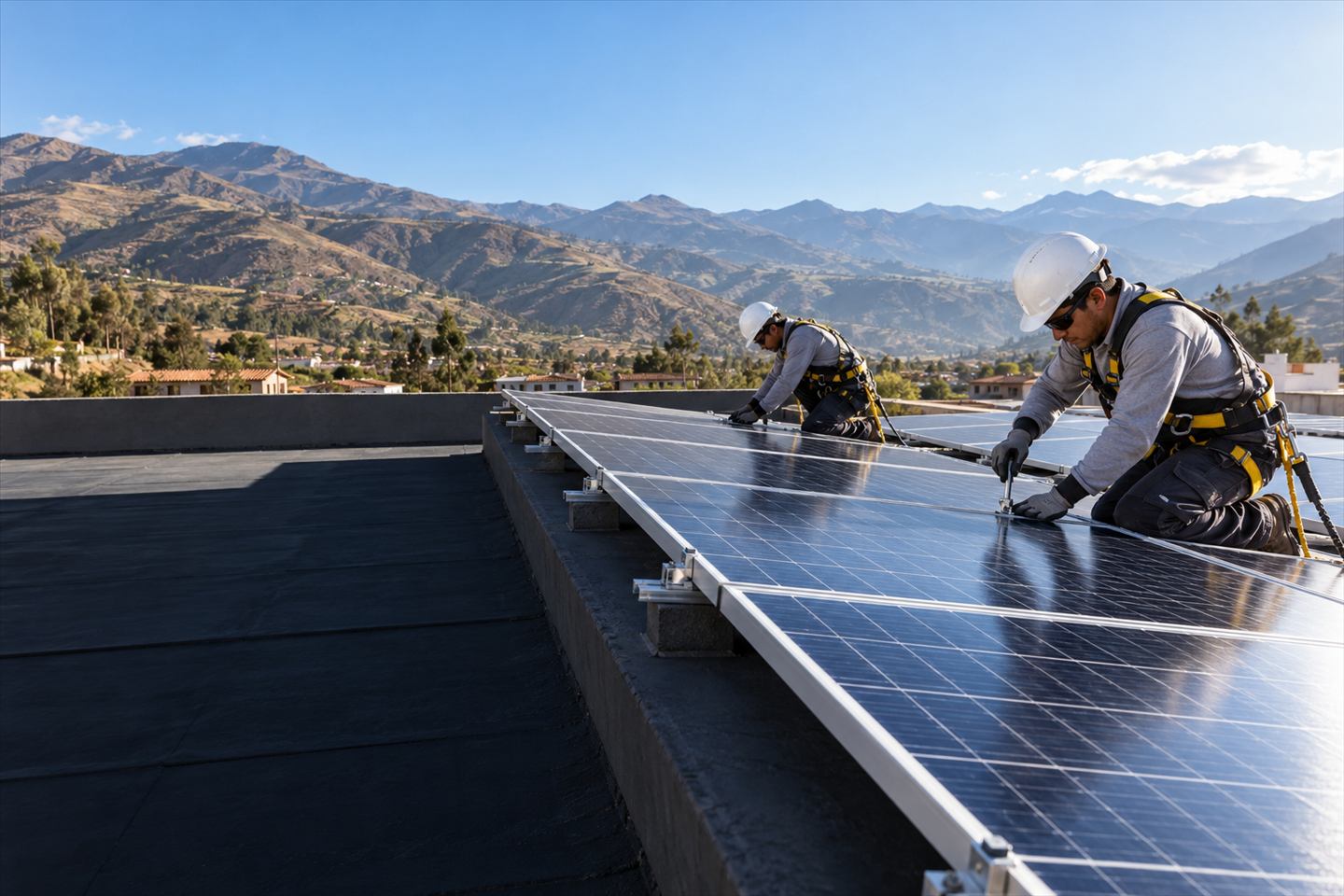 Técnicos instalando paneles fotovoltaicos en un techo con paisaje andino al fondo